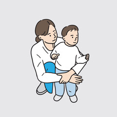 An illustration of a mother holding a young boy. A hand-drawn character vector element.