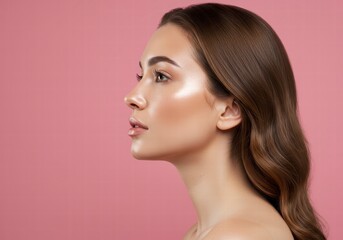 Fototapeta premium Flawless Skin and Natural Glow of Woman Completing Morning Makeup