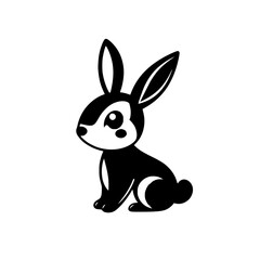 Minimalist black and white cartoon illustration of a sitting rabbit, side profile.