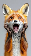 Fototapeta premium Surprised Shocked Fox with Mouth Open and Paws on Head, Humorous Animal Expression, Funny Wildlife Moment, Emotional Reaction, Cute Red Fox, Generative AI