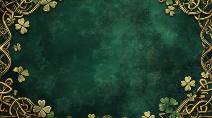 Ornate st. patrick's day banner featuring a gold celtic design frame and scattered shamrocks on a deep green background. the center offers ample space for adding personalized text