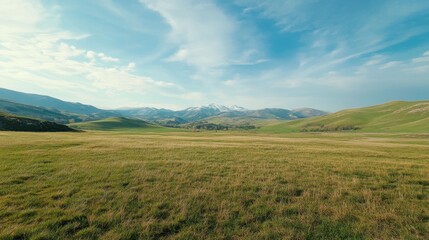 Obraz premium panorama of beautiful countryside of romania. sunny afternoon. wonderful springtime landscape in mountains. grassy field and rolling hills. rural scenery