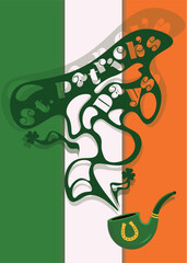 Saint Patrick's Day banner. smoking pipe with st. patricks days smoke and irish flag background. vector illustration