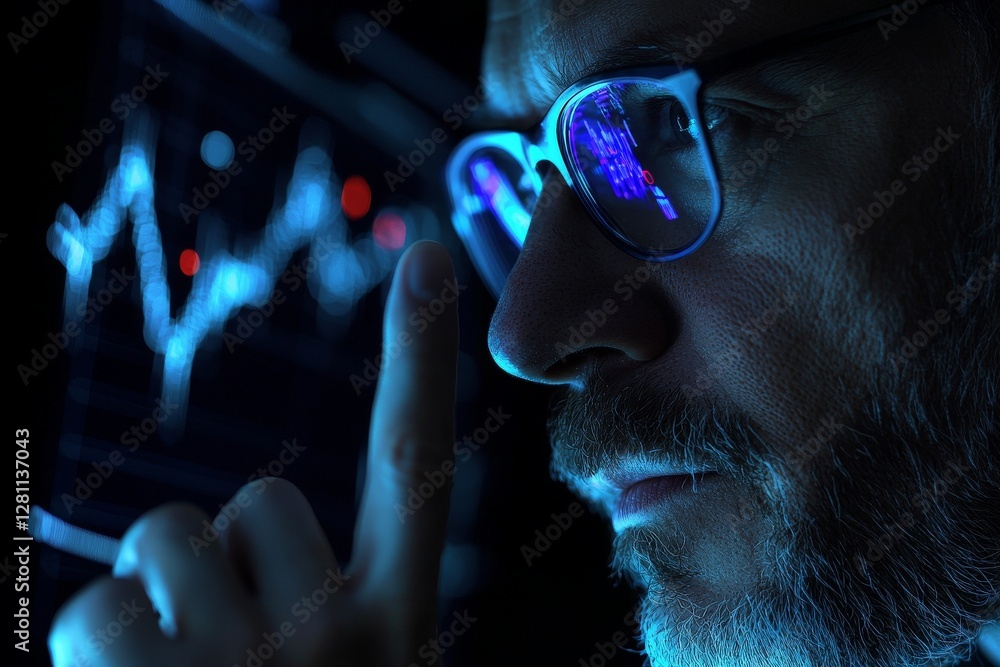 Poster a businessman is surrounded by code, holograms, and graphs as he reads and programs with an overlay 