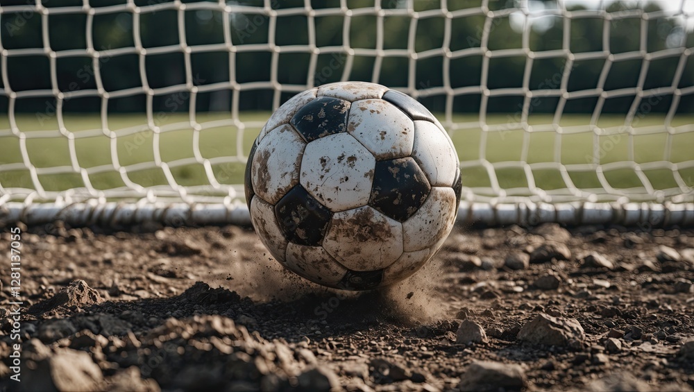 Poster a close-up of a dirty soccer ball rolling towards the goalpost in a grassy field, emphasizing the ac