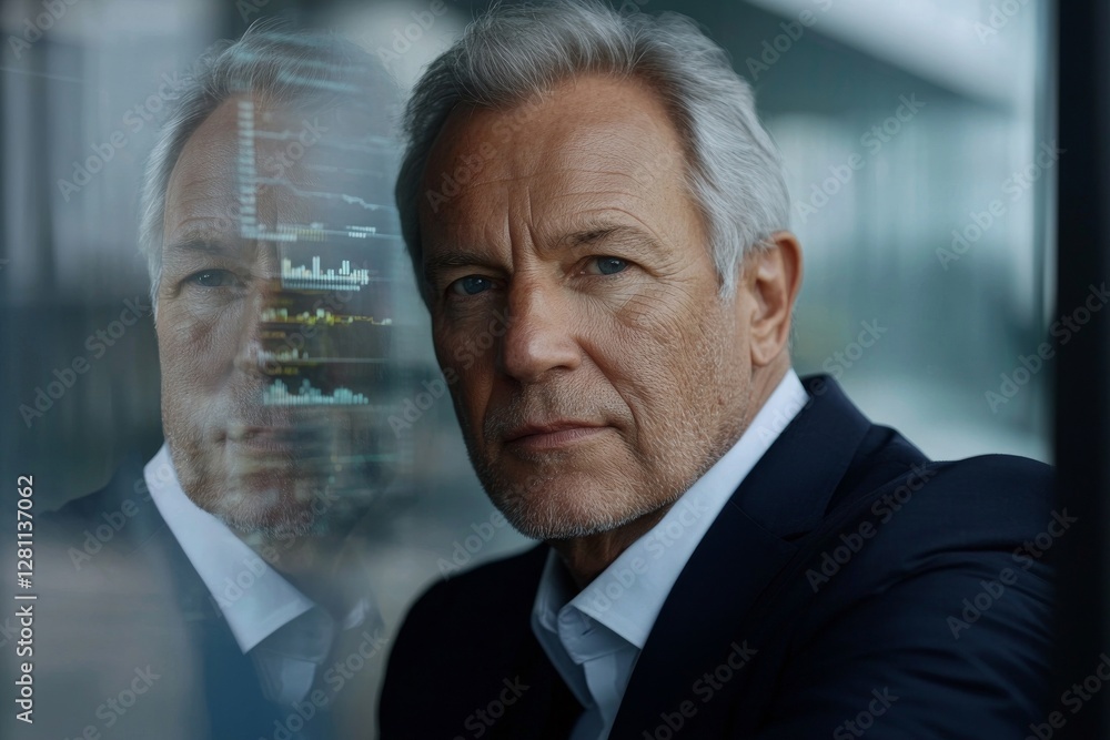 Poster in an office setting, a businessman engages with code, holograms, and graphs, utilizing an overlay t