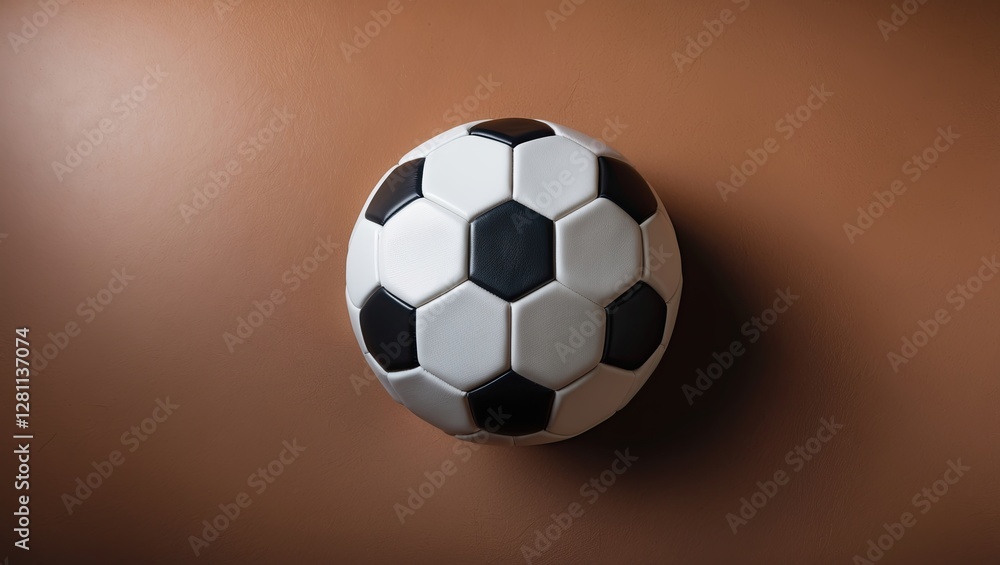 Poster a classic black and white soccer ball resting on a textured brown surface, showcasing its hexagonal 