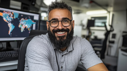 Fototapeta premium smiling man with beard in modern office setting, surrounded by computer screens displaying world maps. atmosphere is professional and inviting