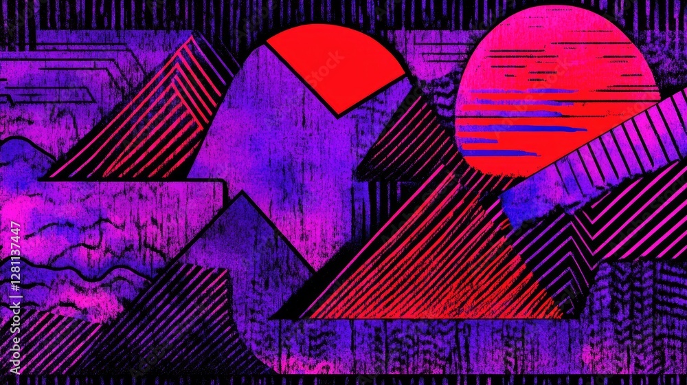 Poster abstract colorful landscape with geometric shapes and patterns