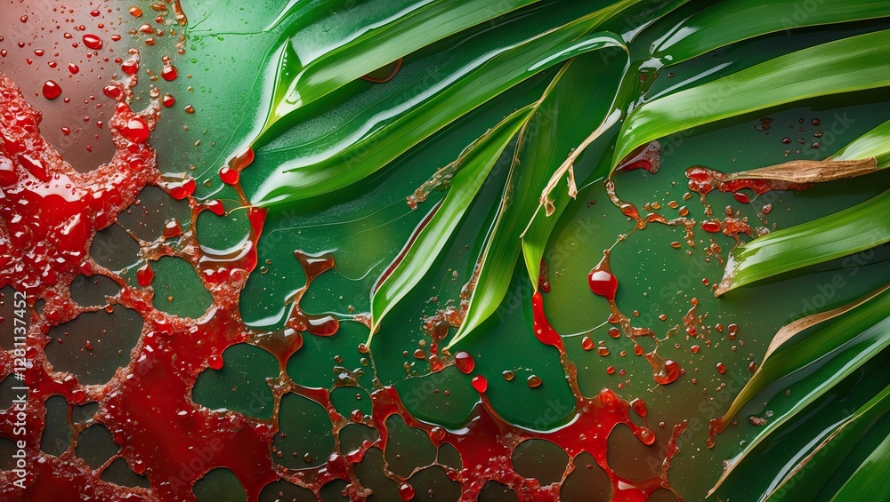 Poster vibrant close-up of green leaves with droplets of red liquid splashed on a textured surface, creatin