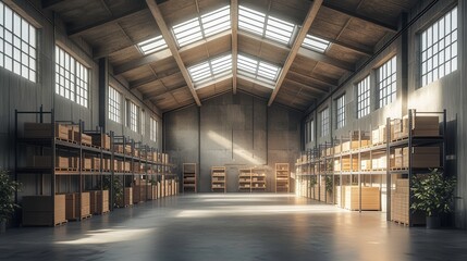 Fototapeta premium A spacious, well-lit warehouse featuring tall shelves, natural light through large windows, and a minimalist design, creating an organized storage environment.