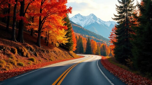 Scenic autumnal road winding through vibrant foliage alongside majestic snow-capped mountains, bathed in sunlight.