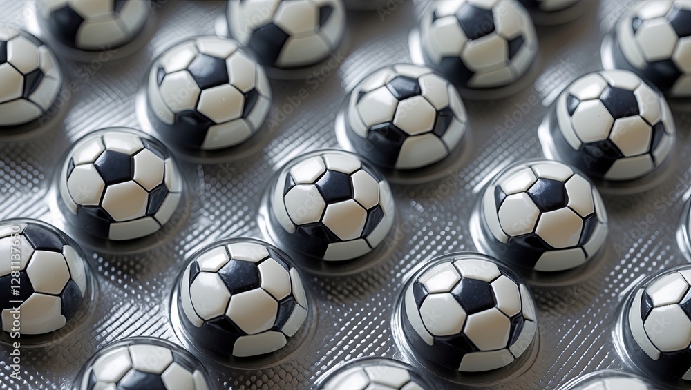 Poster a close-up view of several round soccer balls displayed on a reflective surface, creating an engagin