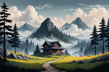 there is a painting of a cabin in the mountains with a path