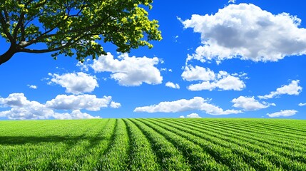 Obraz premium Vibrant Green Field Under a Sunny Blue Sky with Fluffy White Clouds and a Single Tree