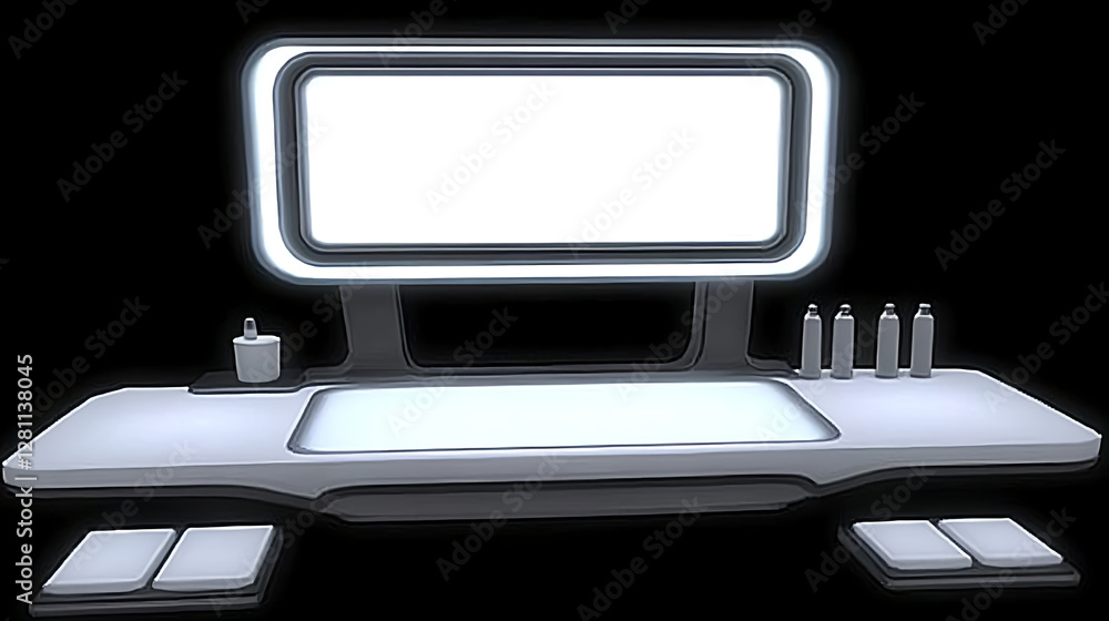 Poster futuristic tech workstation design digital studio 3d model virtual environment side view innovation 