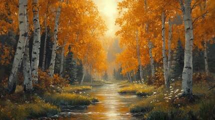 Autumn Birch Trees Line a Serene Stream