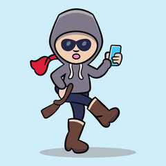 vector thief steal money from one leg phone  cartoon illustration
