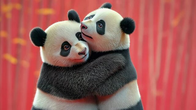 Adorable Giant Panda Cubs Embracing Tenderly Against a Warm Backdrop. Two fluffy giant panda cubs gently hugging each other, showcasing warmth, affection, and innocence.
