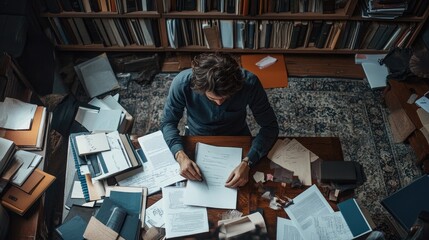 Overhead View of Person Working in Chaotic Home Office Environment