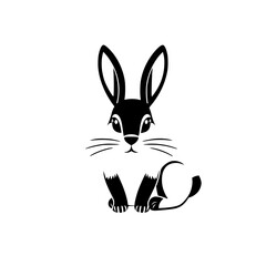 Monochrome illustration of a rabbit, showing a black rabbit silhouette sitting on a white background.