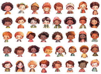 Set of cute cartoon ethnic children face clipart, isolated kids head clipart, watercolor boys and girls faces. Generative AI