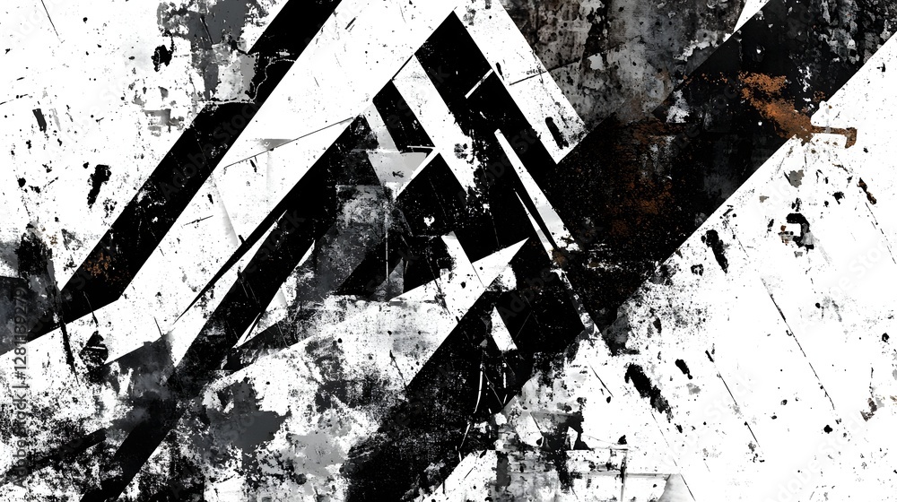 Poster A bold and dramatic abstract background with a grungy monochrome color palette featuring a textured surface paint splatter and chaotic overlapping graphic elements