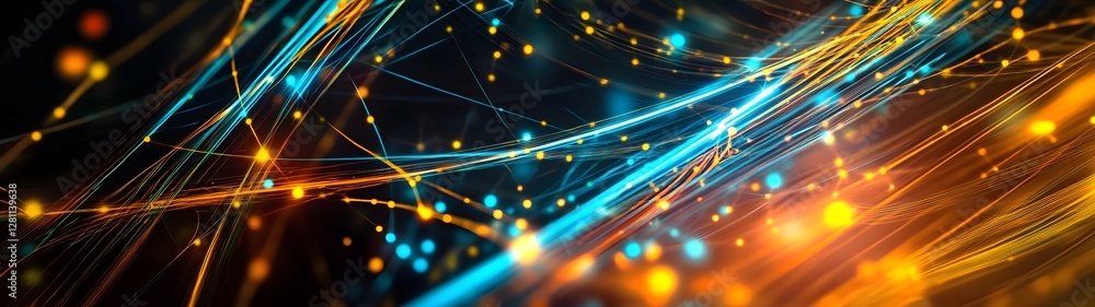 Poster A captivating and dynamic abstract image depicting a mesmerizing cosmic explosion of luminous multicolored energy beams sparks and waves against a futuristic technological backdrop