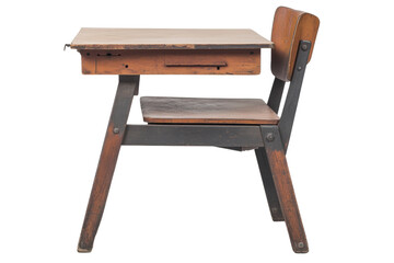 Vintage wooden school desk and chair, isolated