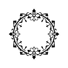 Floral Black & White Circular Ornament: A detailed illustration of an elegant and ornate floral wreath design.