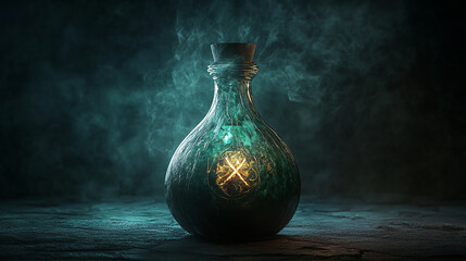 Ancient cursed poison bottle with ominous dark mist