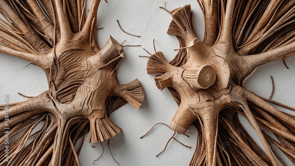 Poster intricate and symmetrical wooden structures resembling artistic designs with contrasting textures