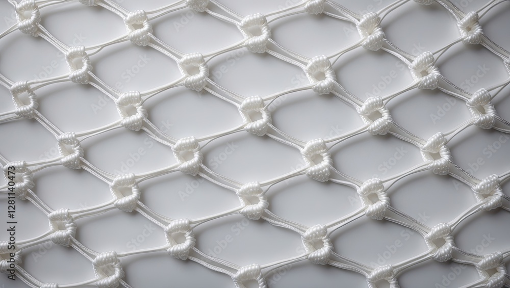 Aufkleber close-up view of intricately woven white netting against a smooth gray background, showcasing the de