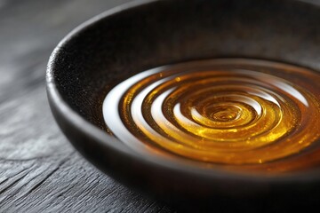 Closeup of Golden Liquid Ripples in a Dark Bowl on Wooden Surface