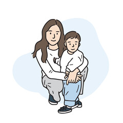 An illustration of a mother holding a young boy. A hand-drawn character vector element.