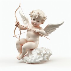 White marble cupid statue aiming with a bow and arrow, symbolizing love and valentine's day. Isolated on white background
