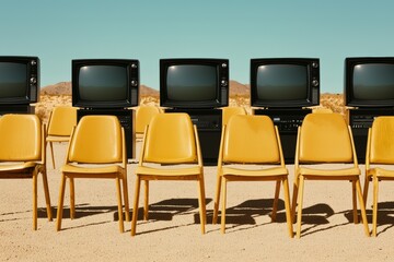 Obraz premium A row of vintage televisions set against a minimalist backdrop, conjuring feelings of nostalgia and embracing retro style, ideal for those who appreciate art and vintage items