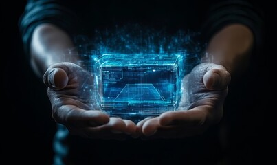 Fototapeta premium Data Protection Concept with a Person Holding a Holographic Cloud Computing Backup System on a Virtual Interface, Generative AI
