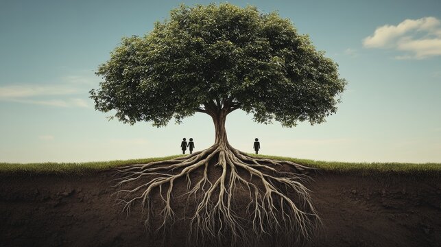 Tree of Life with Expansive Roots and Three People Representing Connection