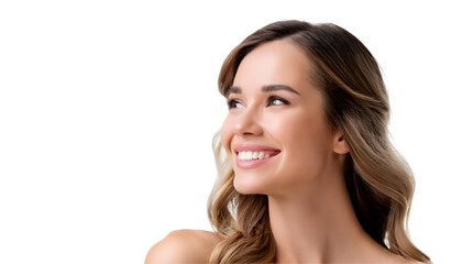 Portrait of a beautiful woman with a happy smile and looking up, isolated on a transparent background