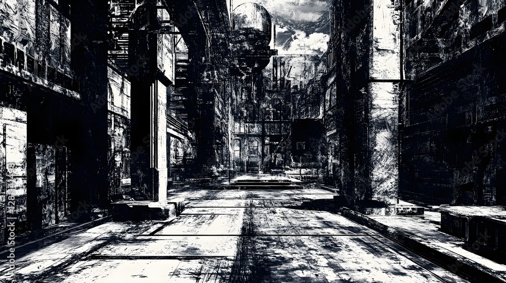 Aufkleber a dark haunting image of an abandoned urban alley with crumbling dilapidated buildings grungy walls 