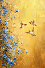 Blue flowers and hummingbirds on grunge golden background. Illustration of oil painting style. Generative ai