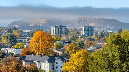 Obraz premium Scenic City Skyline of Downtown Portland with Mountains in Background