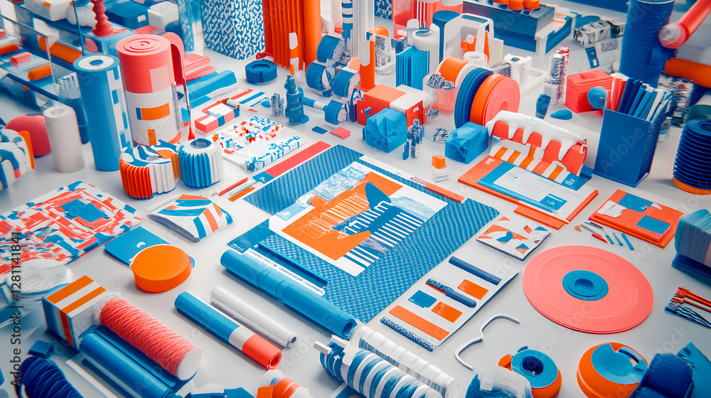 Poster creative design composition featuring colorful geometric shapes and patterns in a studio environment