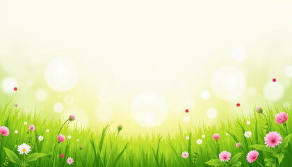 Obraz premium Lush green meadow with blooming flowers and soft sunlight.