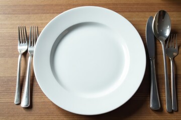 Crisp white dinner plate, polished silver cutlery arranged neatly , bright, table setting