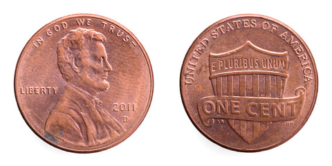 Motivseite und Wertseite einer amerikanischen ein Cent M&uuml;nze mit Abraham Lincoln im Profil und dem Pr&auml;gedatum 2011.