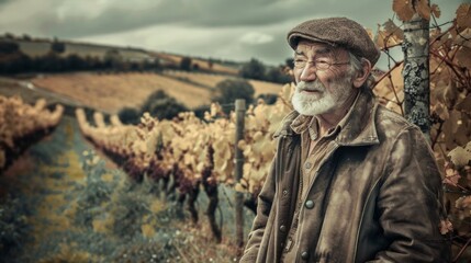 Obraz premium Colour image of an elderly man in an autumn vineyard, ideal for illustrations about rural life, wine making and nature in autumn.
