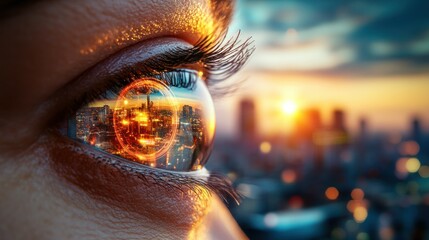 Woman's eye reflecting city skyline at sunset