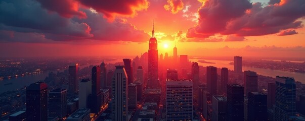 Fototapeta premium Dramatic cityscape at sunset, skyscrapers ablaze , aerial view, wallpaper